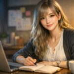 IT未経験の学習ロードマップをノートに書き込みながらノートPCと向き合うオフィスカジュアルな若い女性の横長ポートレート, horizontal portrait of a young office woman studying an IT learning roadmap at her laptop and writing in a notebook in the evening