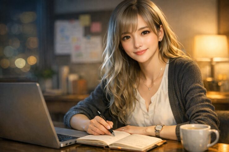 IT未経験の学習ロードマップをノートに書き込みながらノートPCと向き合うオフィスカジュアルな若い女性の横長ポートレート, horizontal portrait of a young office woman studying an IT learning roadmap at her laptop and writing in a notebook in the evening