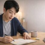 1週間の時間簿ノートを開き、色で印を付けた箇所を見ながら驚いた表情を浮かべる30代の日本人男性が、明るい木のテーブルでペンを持って振り返りをしている写真。横にはマグカップ、蛍光ペン、スマホ、本が置かれ、在宅の週次レビューを表す。 A Japanese man in his 30s reviews a weekly time log notebook with highlighted sections at a light wooden table, looking surprised and focused while holding a pen; a mug, highlighter, phone, and books nearby suggest a home-based weekly time audit.