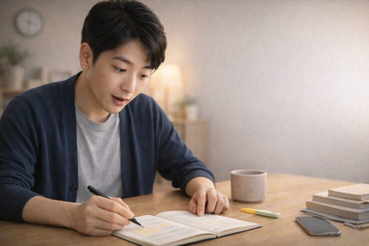 1週間の時間簿ノートを開き、色で印を付けた箇所を見ながら驚いた表情を浮かべる30代の日本人男性が、明るい木のテーブルでペンを持って振り返りをしている写真。横にはマグカップ、蛍光ペン、スマホ、本が置かれ、在宅の週次レビューを表す。 A Japanese man in his 30s reviews a weekly time log notebook with highlighted sections at a light wooden table, looking surprised and focused while holding a pen; a mug, highlighter, phone, and books nearby suggest a home-based weekly time audit.