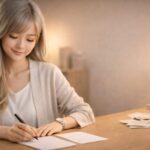 終わりのないToDoリストを手放すように、シルバーゴールドの髪の若い女性が、夕方のあたたかな明かりの下で木のデスクに座り、3つだけ書かれた小さなメモにペンを走らせ、横に散らかった紙束と本とマグカップが置かれている写真。 A young East Asian woman with long silver-gold hair sits at a warm wooden desk in the evening light, calmly writing on a small three-point note while a messy stack of old papers, books, and a mug rest nearby, symbolizing letting go of endless ToDo lists and focusing on just a few tasks.