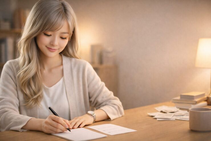 終わりのないToDoリストを手放すように、シルバーゴールドの髪の若い女性が、夕方のあたたかな明かりの下で木のデスクに座り、3つだけ書かれた小さなメモにペンを走らせ、横に散らかった紙束と本とマグカップが置かれている写真。 A young East Asian woman with long silver-gold hair sits at a warm wooden desk in the evening light, calmly writing on a small three-point note while a messy stack of old papers, books, and a mug rest nearby, symbolizing letting go of endless ToDo lists and focusing on just a few tasks.