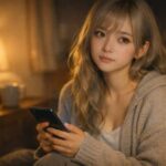 夜の間接照明の部屋で、私服のミリアがスマホを手に静かに相談する表情の横長ポートレート Landscape portrait of Miria in cozy night ambient light, holding a smartphone with a quiet, confiding expression