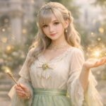 パステルグリーンのロングスカートとアイボリーの姫ブラウスをまとい、金色の魔法の光を手のひらに灯す銀金グラデ髪の魔法姫ミリアの横長ポートレート Landscape portrait of Miria, a magic princess with silver gold gradient hair, wearing an ivory blouse and pastel green long skirt, holding a wand and conjuring warm golden light in a misty palace garden