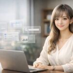 秘書のような若い日本人女性ミリアが、ノートPCの前で微笑みながら座り、画面の横にメール・検索・カレンダー・写真を示す半透明のUIアイコンが浮かぶ、Gemini Personal Intelligence解説記事用の横長ポートレート / A young Japanese woman, Miria, sitting at a laptop and smiling in a modern office, with semi-transparent UI icons for email, search, calendar, and photos floating beside her, used as a wide hero image for a Gemini Personal Intelligence article