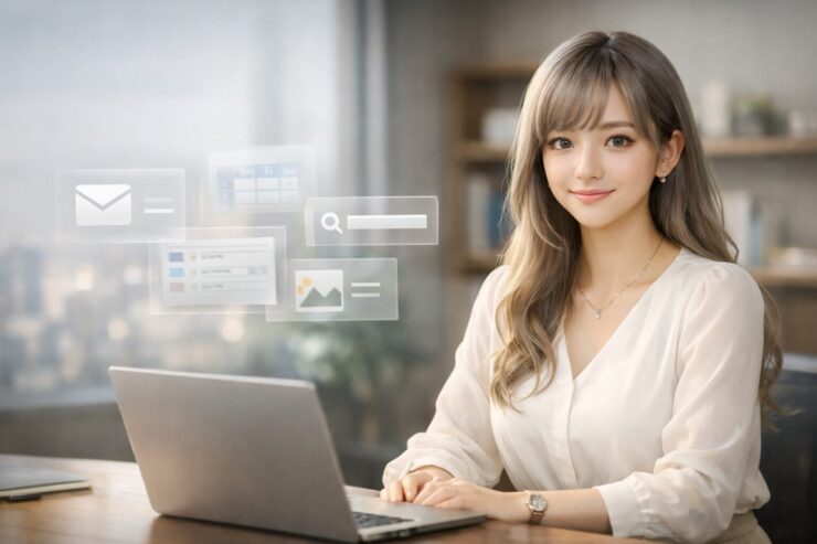 秘書のような若い日本人女性ミリアが、ノートPCの前で微笑みながら座り、画面の横にメール・検索・カレンダー・写真を示す半透明のUIアイコンが浮かぶ、Gemini Personal Intelligence解説記事用の横長ポートレート / A young Japanese woman, Miria, sitting at a laptop and smiling in a modern office, with semi-transparent UI icons for email, search, calendar, and photos floating beside her, used as a wide hero image for a Gemini Personal Intelligence article