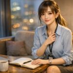 IT未経験で転職エージェントの初回面談に備えて質問リストをノートにまとめるOLミリアが、窓の外に夜景が広がるオフィスラウンジのソファで微笑みながらノートとパソコンを前に落ち着いて準備している横長ポートレート Office lady Miria sitting on a sofa in a modern office lounge at dusk, silver gold hair in soft waves, pale blue blouse and charcoal pencil skirt, calmly reviewing her notebook and laptop as she prepares questions for her first meeting with an IT career agent