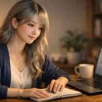 自宅の木製デスクでノートPCとノートを開き、ITエンジニアとしての年収アップや転職先を静かに考えている女性の横長ポートレート。夕方のあたたかい光と本棚、マグカップが写り、落ち着いた在宅ワークの雰囲気が伝わる。 A young woman at a wooden home desk, studying IT career and salary-up options on her laptop and notebook in warm evening light, with a mug and blurred bookshelf creating a calm home-office mood.