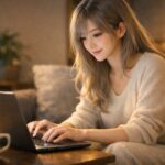 自宅のリビングでノートパソコンを操作しながら転職やIT学習の情報を調べるリラックスした雰囲気の女性イメージ A relaxed young woman working on her laptop at home in the evening studying IT career change information in a cozy living room