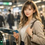 朝の駅改札を通勤するOLミリアの後ろ姿、通勤ラッシュのホームと人の流れが背景にあるキャリアカンパニー解説記事用の写真 / Office worker Miria walking through ticket gate on a busy morning commute, with blurred commuters in the background for a CAREER ACCOMPANY review article