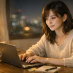 雑記ブログの記事構成をノートPCとノートで整理している日本人女性ブロガーの横長ポートレート、夜のデスクで落ち着いて作業している様子 / Wide horizontal portrait of a Japanese female blogger calmly working at her laptop and notebook at night, planning the structure of her multi topic blog