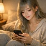 夜のベッドで部屋着のままスマホを見つめるミリアが、暖色のスタンドライトに照らされながら静かに一日を振り返っている様子。AIと対話した後、自分の感情のハンドルを握り直しているイメージ。 Miria in cozy loungewear sitting on her bed at night, softly lit by a warm bedside lamp, absorbed in her smartphone as she quietly reflects and takes back the steering wheel of her emotions in the age of AI.