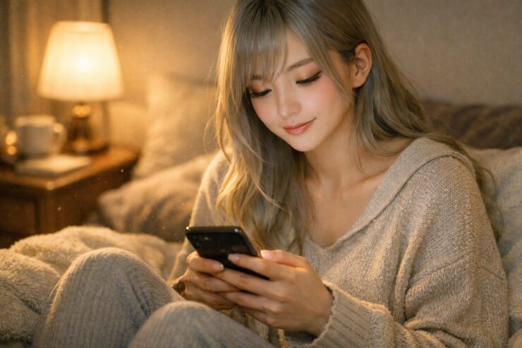 夜のベッドで部屋着のままスマホを見つめるミリアが、暖色のスタンドライトに照らされながら静かに一日を振り返っている様子。AIと対話した後、自分の感情のハンドルを握り直しているイメージ。 Miria in cozy loungewear sitting on her bed at night, softly lit by a warm bedside lamp, absorbed in her smartphone as she quietly reflects and takes back the steering wheel of her emotions in the age of AI.