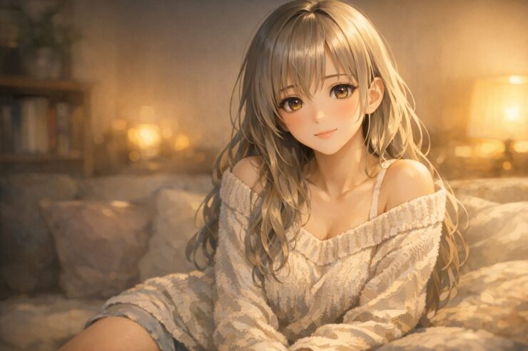 部屋着でソファに座る銀金グラデ髪の若い女性ミリアが、オフショルダーのクリーム色ニットを着て、黄金色の瞳でやさしくこちらを見つめている。背景にはぼかしたランプの灯りと本棚があり、夜の部屋のあたたかく静かな雰囲気が伝わる。 / Miria, a young woman in cozy roomwear with long silver-gold gradient hair, sits on a sofa in an off-shoulder cream knit sweater, looking gently at the viewer with warm golden-brown eyes. Soft lamp bokeh and a blurred bookshelf in the background create a quiet, intimate evening atmosphere.