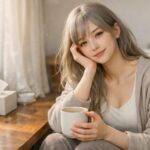 春の朝、窓辺のデスクでマグを両手に包み、少し眠そうに微笑む部屋着のミリア。やわらかな自然光と生活感の小物が「季節の不調」を静かに描く。A cozy morning portrait of Miria by a window desk, gently holding a mug in soft daylight.