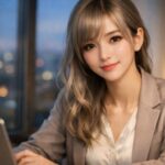 夕暮れのオフィスでノートPCに手を添え、やさしく振り向くOL風のミリア。銀金のやわらかなウェーブ髪と穏やかな微笑みが、複雑なことをやさしく整理してくれそうな知性と安心感を映す。 An office-style portrait of Miria turning gently toward the viewer beside her laptop, her silver-gold waves and calm smile holding intelligence, warmth, and quiet reassurance.