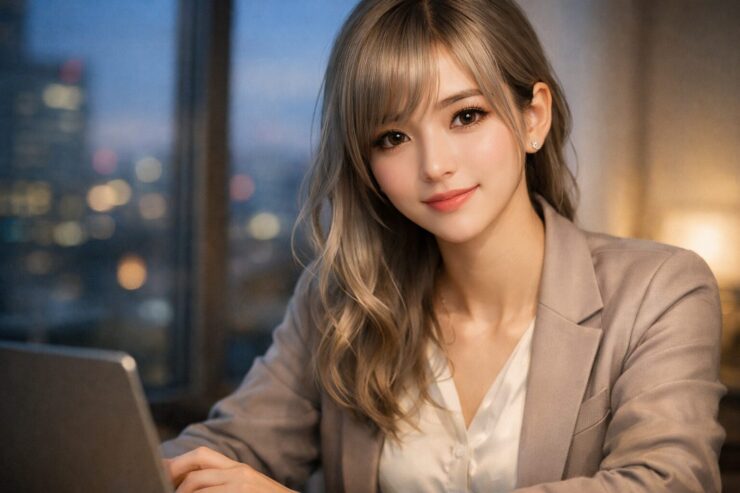 夕暮れのオフィスでノートPCに手を添え、やさしく振り向くOL風のミリア。銀金のやわらかなウェーブ髪と穏やかな微笑みが、複雑なことをやさしく整理してくれそうな知性と安心感を映す。 An office-style portrait of Miria turning gently toward the viewer beside her laptop, her silver-gold waves and calm smile holding intelligence, warmth, and quiet reassurance.