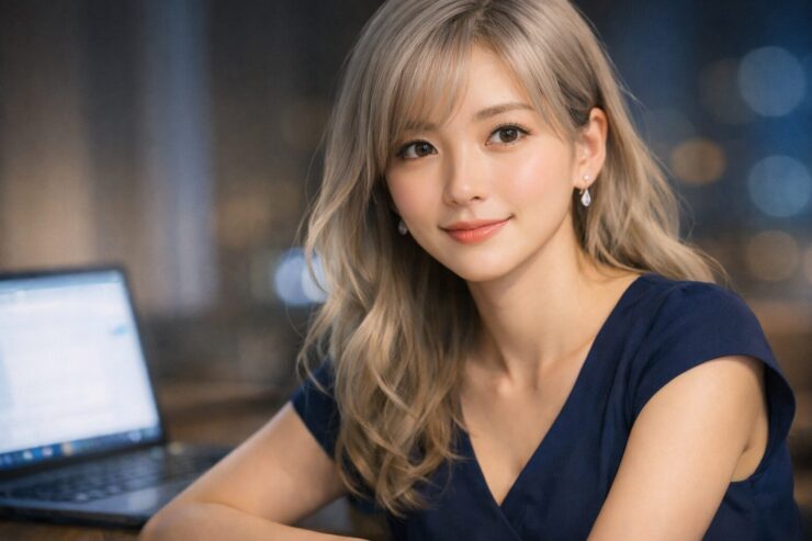 ネイビードレス姿のミリアが、ノートPCのある落ち着いた室内でやさしく振り向き、Claudeの最近の進化が一本につながって見えたような静かな納得をたたえる横長ポートレート。銀金のやわらかな髪と穏やかな微笑みが、知性と安心感をやさしく伝える。 A wide portrait of Miria in a navy dress, turning gently beside her laptop with a calm, knowing expression, as if Claude’s recent evolution has finally come together as one clear story.