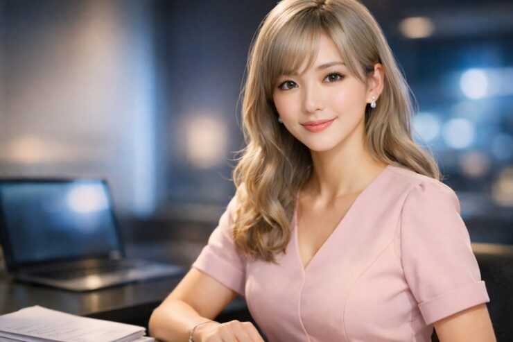 女子アナ風のミリアが、落ち着いたスタジオ風の室内でやさしくこちらを見つめる横長ポートレート。Claude、Cowork、Claude Code、computer useの流れを静かに理解し、複雑な話をわかりやすく伝えようとする知性と安心感がにじんでいる。 A wide portrait of Miria styled like an elegant news presenter, looking gently toward the viewer in a calm studio-like setting, with an expression that suggests she has connected Claude, Cowork, Claude Code, and computer use into one clear direction.