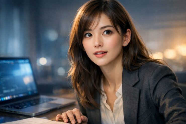 ノートPCの光がにじむデスクで、Claude Sonnet 4.6の進化を理解したように静かに目を見開く若い女性。やわらかな驚きと知的な確信が同居し、普段使いのAIが重い仕事にも届き始めた感覚を伝える横長ポートレート。 A young professional woman sits at her desk beside a softly glowing laptop, her expression holding quiet surprise and thoughtful confidence as if she has just realized how much stronger Claude Sonnet 4.6 has become.