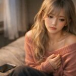 私服のミリアがベッドの端に座り、スマホを横に置いて静かにうつむく横長ポートレート。やわらかな夕方の光の中、雑に扱われた痛みをひとりで抱えるような表情が印象的な一枚。