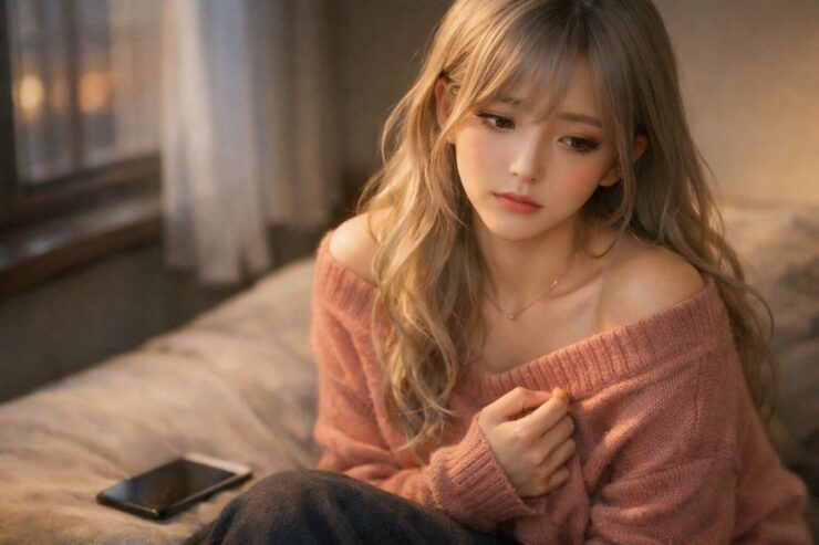 私服のミリアがベッドの端に座り、スマホを横に置いて静かにうつむく横長ポートレート。やわらかな夕方の光の中、雑に扱われた痛みをひとりで抱えるような表情が印象的な一枚。