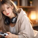 ゲーマー風のミリアが、ヘッドセットを首にかけ、コントローラーを手に微笑む横長ポートレート。暖色のデスクライトとモニターのボケが背景にある。 A wide, photorealistic portrait of Miria in gamer style, smiling with a headset around her neck and a controller in her hands, in a cozy desk setup with warm lamp light and monitor bokeh in the background.