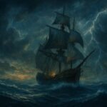 嵐の海を進む木造の方舟。稲妻が走る夜空の中、温かい光を灯した船が、勇気と希望を乗せて航海している情景。REIのBARK構想を象徴する幻想的な一枚。