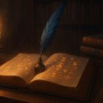 魔導の図形が描かれた開かれた書と、隣に灯る蝋燭の幻想的な光景