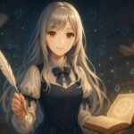 羽ペンを手に幻想図書館で語りかけるミリアの姿