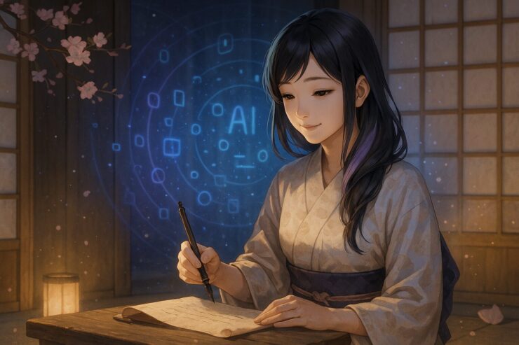 和室で巻物に筆を走らせる若い女性。背後に未来的なホログラムが浮かび、幻想的な桜と灯りが彼女を包む。