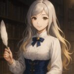 Miria standing in a candlelit magical library, holding a feather pen and smiling gently