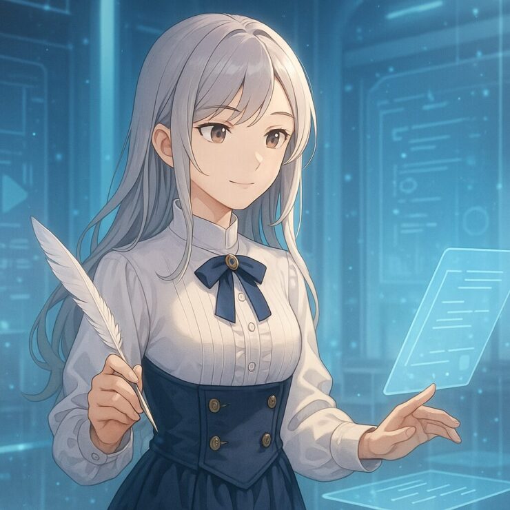Miria interacting with a holographic notepad in a futuristic classroom, holding a feather pen