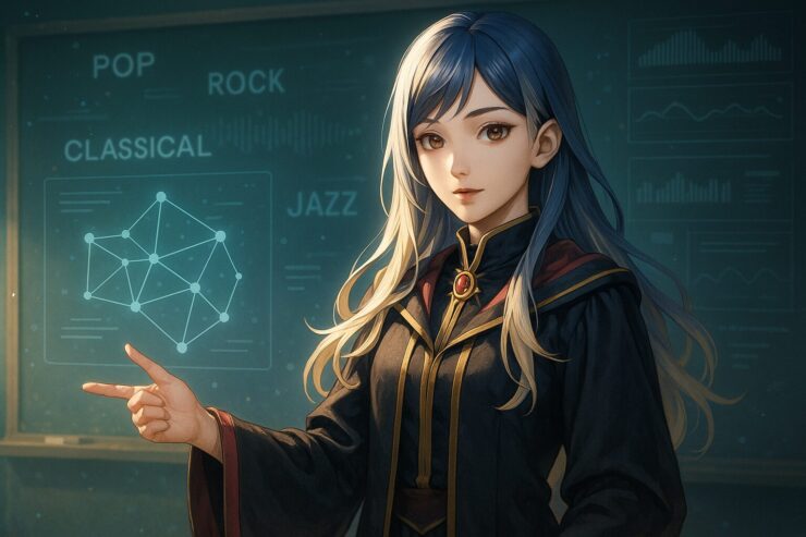 A futuristic female instructor with silver and gold hair pointing to a holographic sound structure diagram in a dim, high-tech classroom.