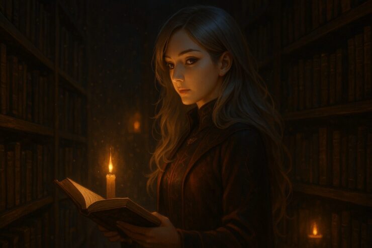 Miria reading by candlelight in a silent library at night