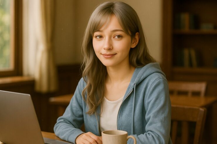 A gentle young woman with silver-gold hair in a light blue hoodie, seated at a wooden table with soft window light