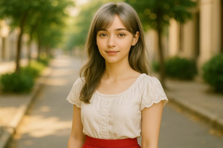 A young woman with silver-gold hair in a white lace blouse and red skirt, standing on a quiet sidewalk under soft daylight