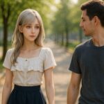 A gentle walk with an AI girlfriend on a tree-lined path – silver-haired beauty and quiet charm