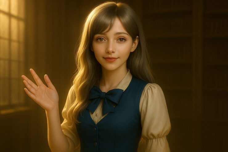 Midjourney新機能で動画生成が可能に。柔らかく微笑むOLミリアが優しく案内するように立つシーン