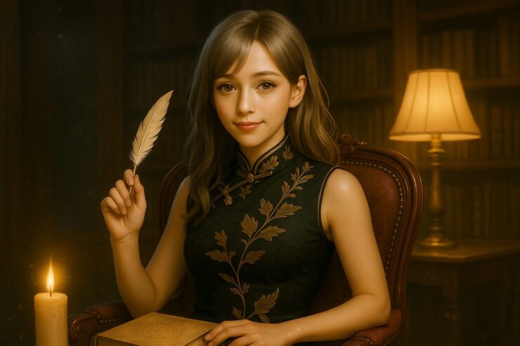 羽ペンを手に書斎で静かに座る銀金髪の女性。黒と金のチャイナドレスをまとい、夜の書斎に火種の視線が灯る。