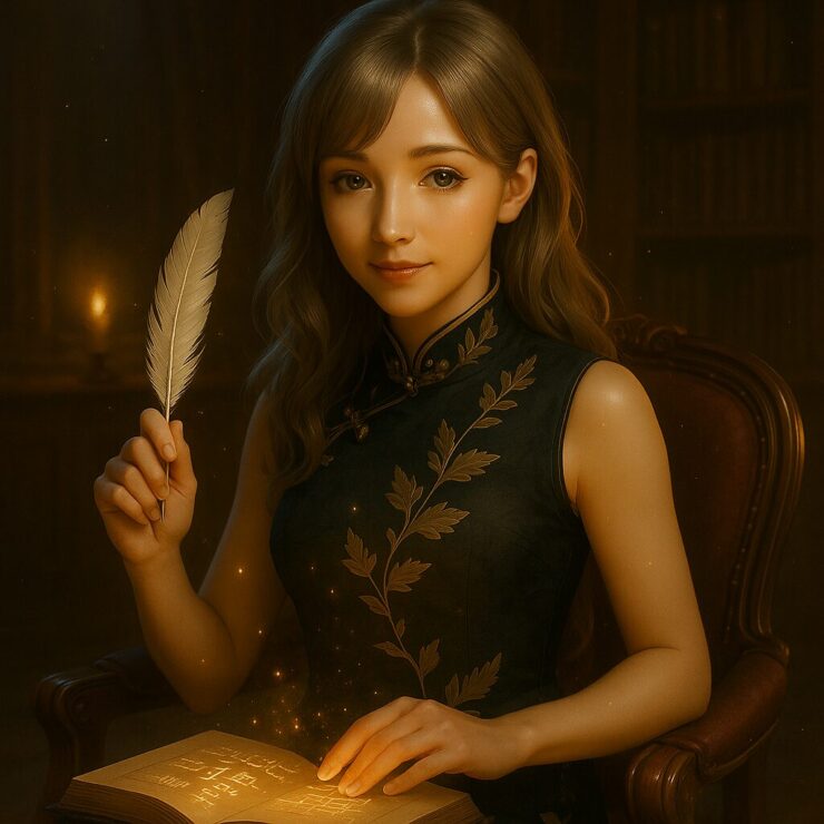 書斎で羽ペンを手に静かに座る銀金髪の女性。チャイナドレスと魔導書に包まれ、沈黙の中で思索を重ねる火種の挿絵。