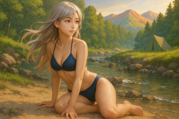 キャンプ地の小川で静かに座る銀金髪の女性。ネイビービキニと夕暮れの光が織りなす夏の自然美ポートレート。