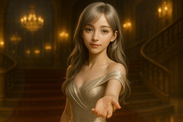 舞踏会の階段で、静かに手を差し出す銀金髪の女性。金色のドレスに包まれ、やわらかな視線でダンスの誘いに応える瞬間。
