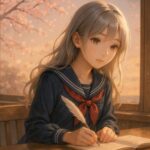 Sailor-uniform girl studying in a serene library with warm sunlight and floating pages（セーラー服姿の少女が静かな図書館で勉強する、暖かな光と浮かぶページ）