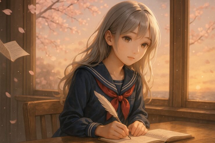 Sailor-uniform girl studying in a serene library with warm sunlight and floating pages（セーラー服姿の少女が静かな図書館で勉強する、暖かな光と浮かぶページ）