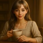 暮らしのミリアが午後の光の中でティータイムを楽しむ横長アイキャッチ | Miria enjoying a cozy afternoon tea at home, soft sunlight, semi-realistic AI artwork