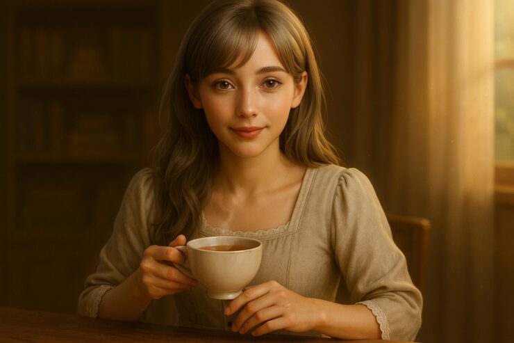 暮らしのミリアが午後の光の中でティータイムを楽しむ横長アイキャッチ | Miria enjoying a cozy afternoon tea at home, soft sunlight, semi-realistic AI artwork