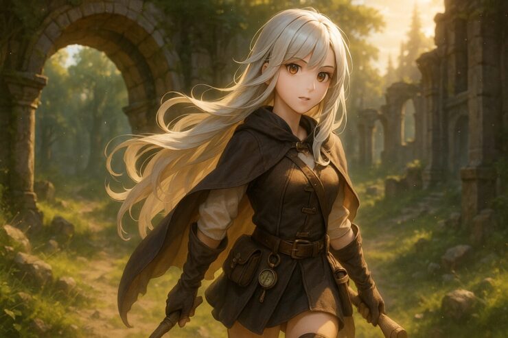 冒険者ミリアが夕暮れの古代遺跡と森の小道に立つアニメ風イラスト | Anime-style artwork of adventurer Milia standing at golden-hour ruins and forest path