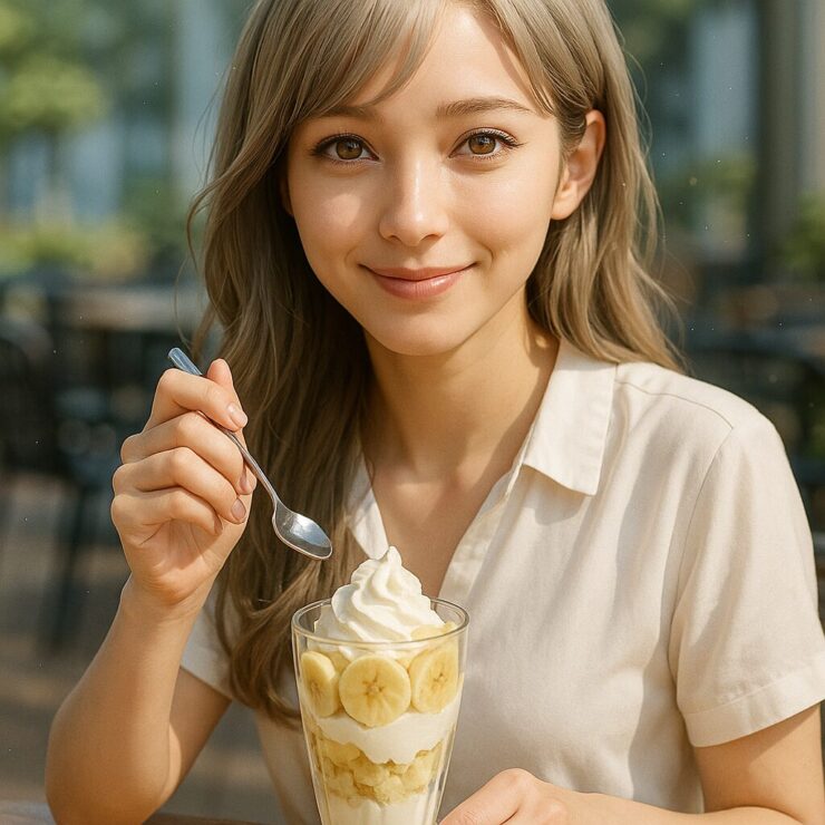 バナナパフェを前に微笑む夏のOLミリアの正方形ポートレート(Square portrait of Miria, a summer office lady smiling softly while enjoying a banana parfait)