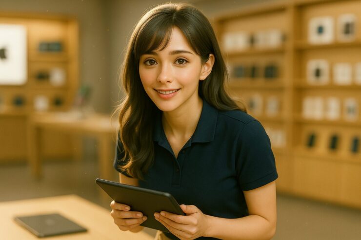 ポロシャツ姿で接客中のミリアが笑顔でタブレットを持つ様子(接客AI時代の象徴的なシーン) A smiling woman in a navy polo shirt holding a tablet in a retail store, representing the future of AI-assisted customer service.